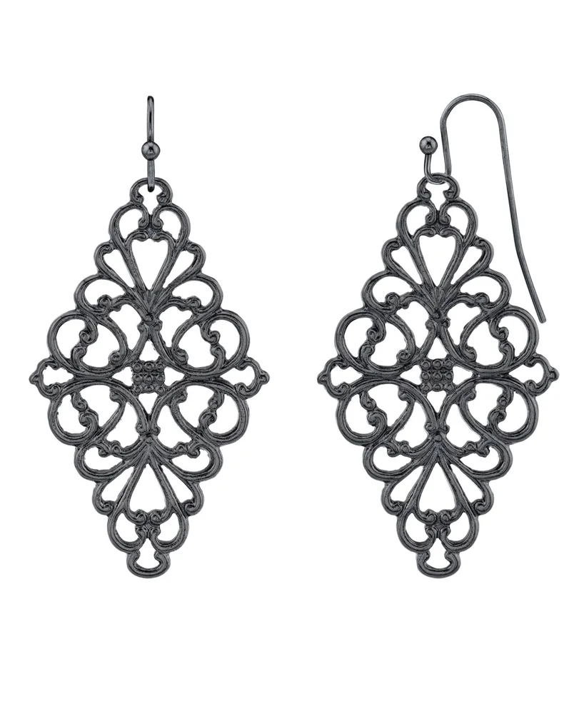 2028 Black-Tone Filigree Diamond Drop Earrings