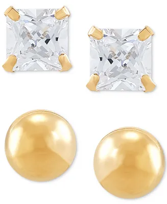 2-Pc. Set Cubic Zirconia Princess and Polished Round Stud Earrings in 10k Gold
