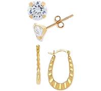 2-Pc. Set Cubic Zirconia Stud & Ruffle Oval Hoop Earrings in 10k Gold
