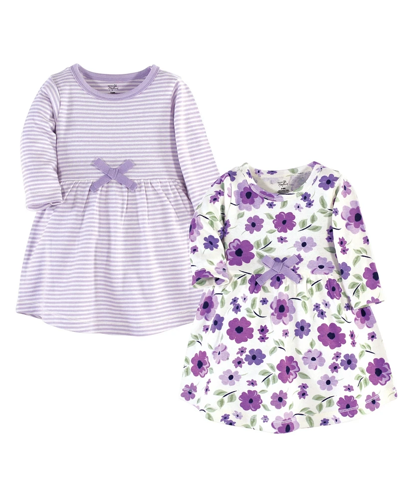 Touched by Nature Baby Girls Organic Cotton Long-Sleeve Dresses 2pk, Purple Garden, 12-18 Months