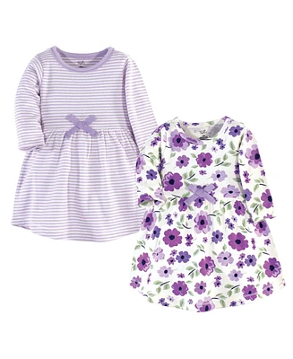 Touched by Nature Baby Girls Cotton Long-Sleeve Dresses 2pk, Purple Garden, 3-6 Months