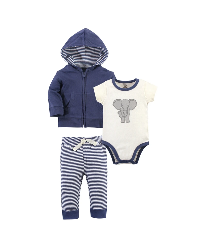 Touched by Nature Baby Boys Unisex Organic Cotton Hoodie, Bodysuit or Tee Top, and Pant, Stripe Elephant, 0-3 Months