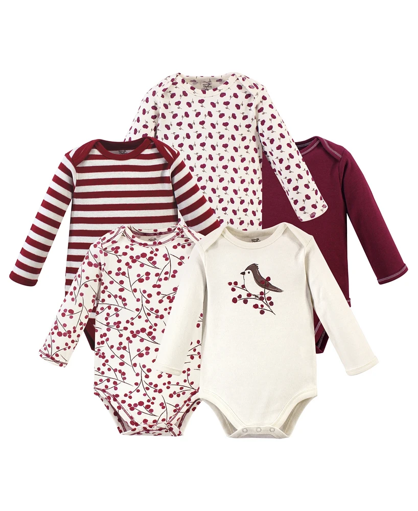 Touched by Nature Baby Girls Cotton Long-Sleeve Bodysuits 5pk, Berry Branch, 9-12 Months