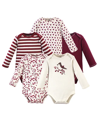 Touched by Nature Baby Girls Cotton Long-Sleeve Bodysuits 5pk, Berry Branch, 9-12 Months