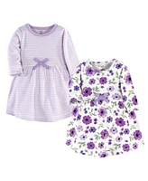 Touched by Nature Baby Girls Organic Cotton Long-Sleeve Dresses 2pk, Purple Garden, 3-6 Months