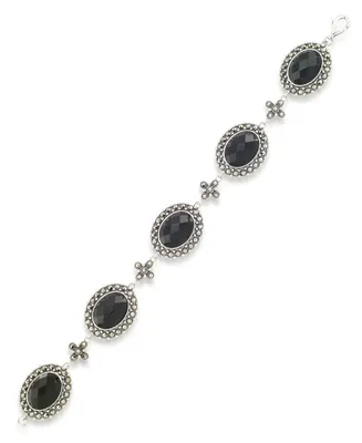 Marcasite and Faceted Onyx Oval 7.25" Link Bracelet in Sterling Silver