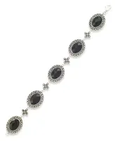 Marcasite and Faceted Onyx Oval 7.25" Link Bracelet in Sterling Silver