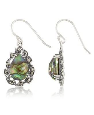 Marcasite and Abalone Doublet Teardrop Wire Earrings in Sterling Silver