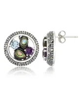 Marcasite, Amethyst (3/8 ct. t.w.) , Abalone (1-1/2 ct. t.w.) and Blue topaz (5/8 ct. t.w.) Round Post Earrings in Sterling Silver - Purple