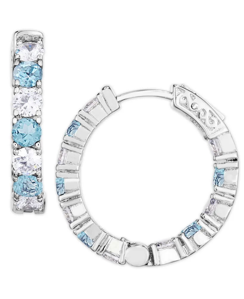 Simulated Cubic Zirconia Alternating Hoop Earrings Silver Plate