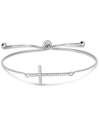 Cubic Zirconia Cross Adjustable Slider Bolo Bracelet in Silver Plate