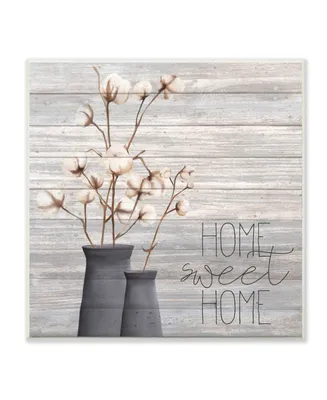 Stupell Industries Gray Home Sweet Home Cotton Flowers in Vase Wall Plaque Art, 12" L x 12" H