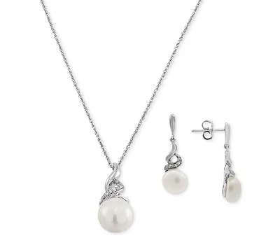 2-Pc. Set Cultured Freshwater Pearl (8 & 9mm) & Diamond (1/10 ct. t.w.) Pendant Necklace & Matching Drop Earrings in Sterling Silver