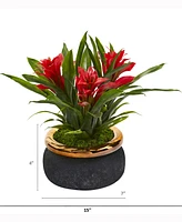 Nearly Natural 11in. Bromeliad Artificial Plant Stoneware Planter