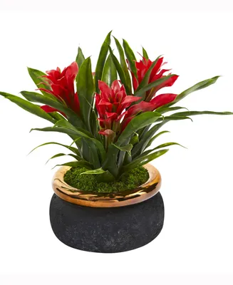 Nearly Natural 11in. Bromeliad Artificial Plant Stoneware Planter