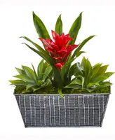 Nearly Natural 11in. Bromeliad and Agave Artificial Plant Embossed Tin Planter