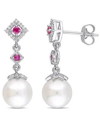 Freshwater Cultured Pearl (8.5-9mm), Ruby (1/7 ct. t.w.) and Diamond (1/10 ct. t.w.) Drop Earrings in 10k White Gold