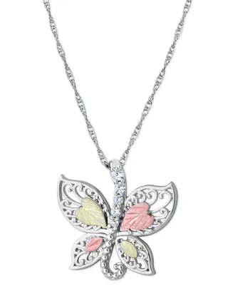 Cubic Zirconia Butterfly Pendant 18" Necklace in Sterling Silver with 12K Rose and Green Gold