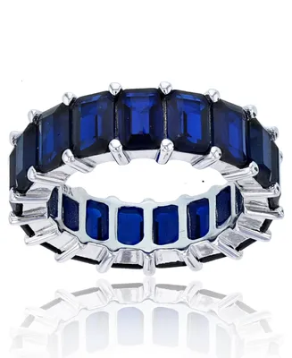 Lab Grown Blue Spinel Emerald Cut Eternity Band Rhodium Plated Sterling Silver