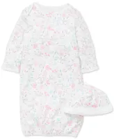 Little Me Baby Girls Cotton Floral Print Hat and Gown, 2 Piece Set