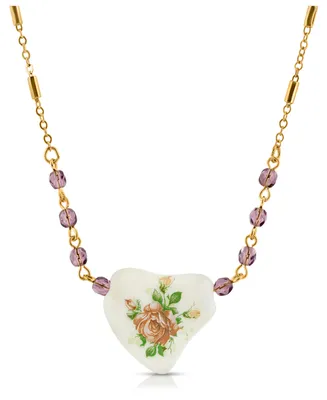 2028 Beaded Heart with Pink Floral Decal Necklace