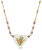 2028 Beaded Heart with Pink Floral Decal Necklace