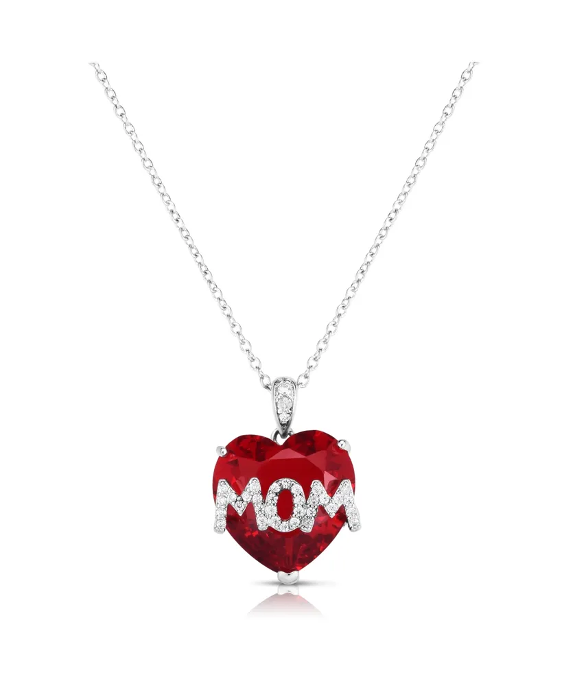 Simulated Ruby Mom Pendant In Silver Plate