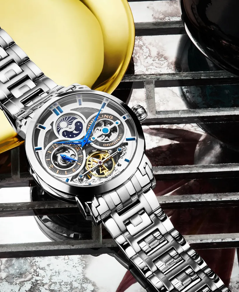 Stuhrling Men's Silver Tone Stainless Steel Bracelet Watch 47mm