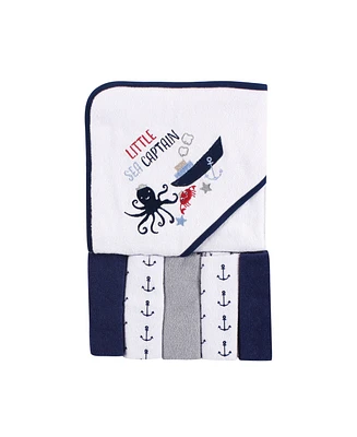 Luvable Friends Baby Girls and Boys Sea Captain Hooded Towel with 5 Washcloths, Pack of 6