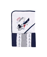 Luvable Friends Baby Girls and Boys Sea Captain Hooded Towel with 5 Washcloths, Pack of 6