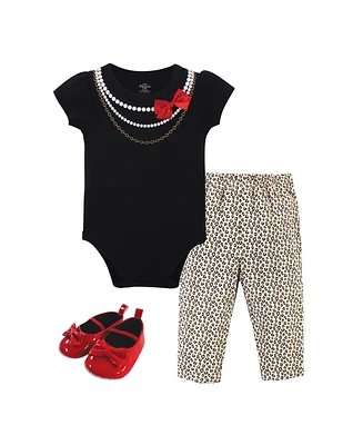 Little Treasure Baby Girls Treasure Cotton Bodysuit, Pant and Shoe 3pc Set, Red Bow, 12-18 Months