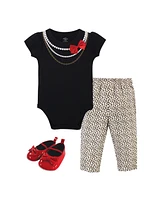 Little Treasure Baby Girls Treasure Cotton Bodysuit, Pant and Shoe 3pc Set, Red Bow, 12-18 Months