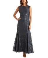 R & M Richards Women's Long Embellished Illusion-Detail Lace Gown