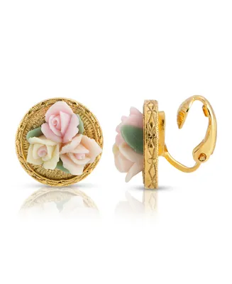 2028 Gold Tone 3 Flower Pink White Porcelain Flower Round Button Clip Earring