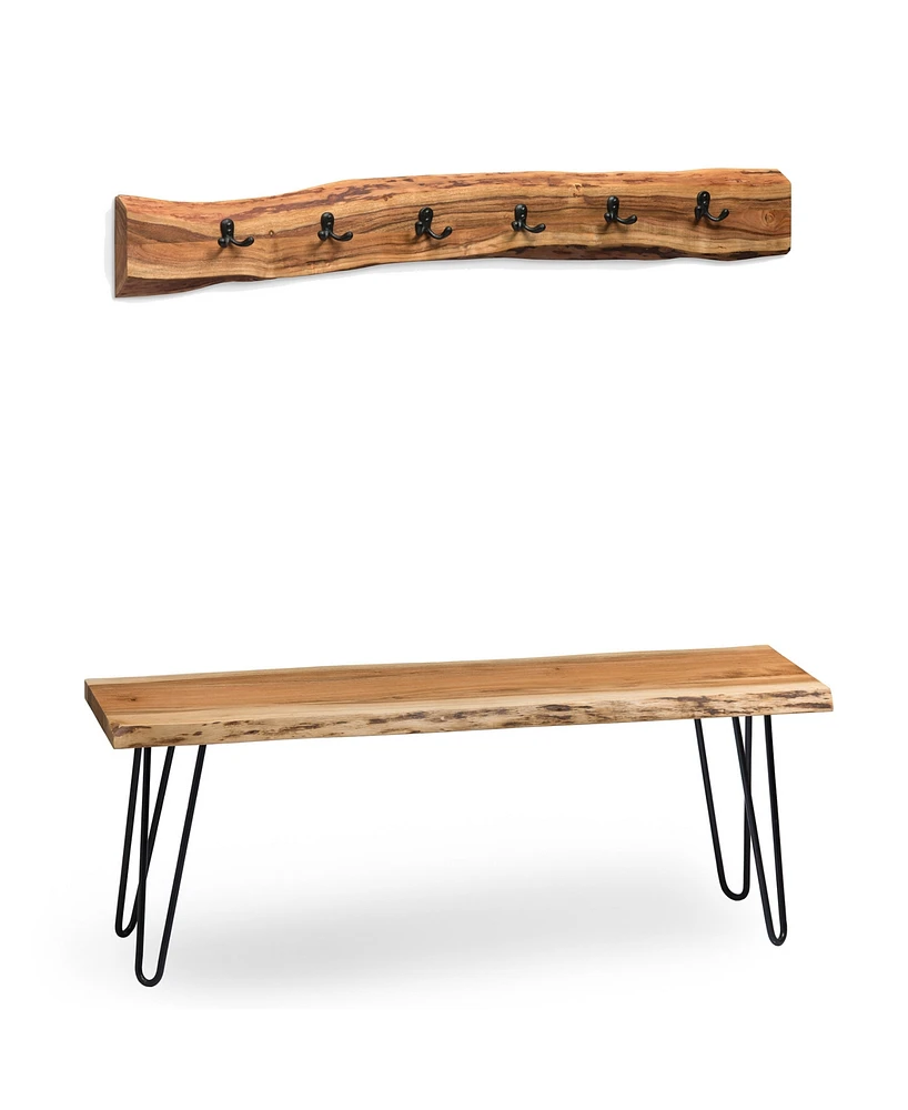 Alaterre Furniture Hairpin Natural Live Edge Bench with Coat Hook Set