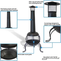66-Inch Black Heavy-Duty Steel Wood-Burning Chiminea with Rain Cap - High-Temperature Paint Finish