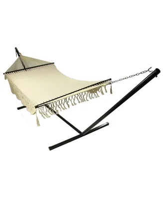 Hand-Woven Cotton and Nylon American-Style Mayan Hammock with 15-Foot Steel Stand - 400-Pound Capacity