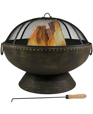 30-Inch Large Outdoor Fire Pit - Wood Burning Fire Pit for Outside with Poker and Screen - Black Finish - Regal Cauldron