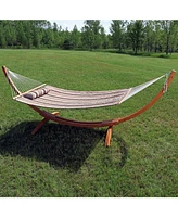 Double Quilted Fabric Hammock with 12-Foot Curved Arc Wood Stand - 400-Pound Capacity - Sandy Beach