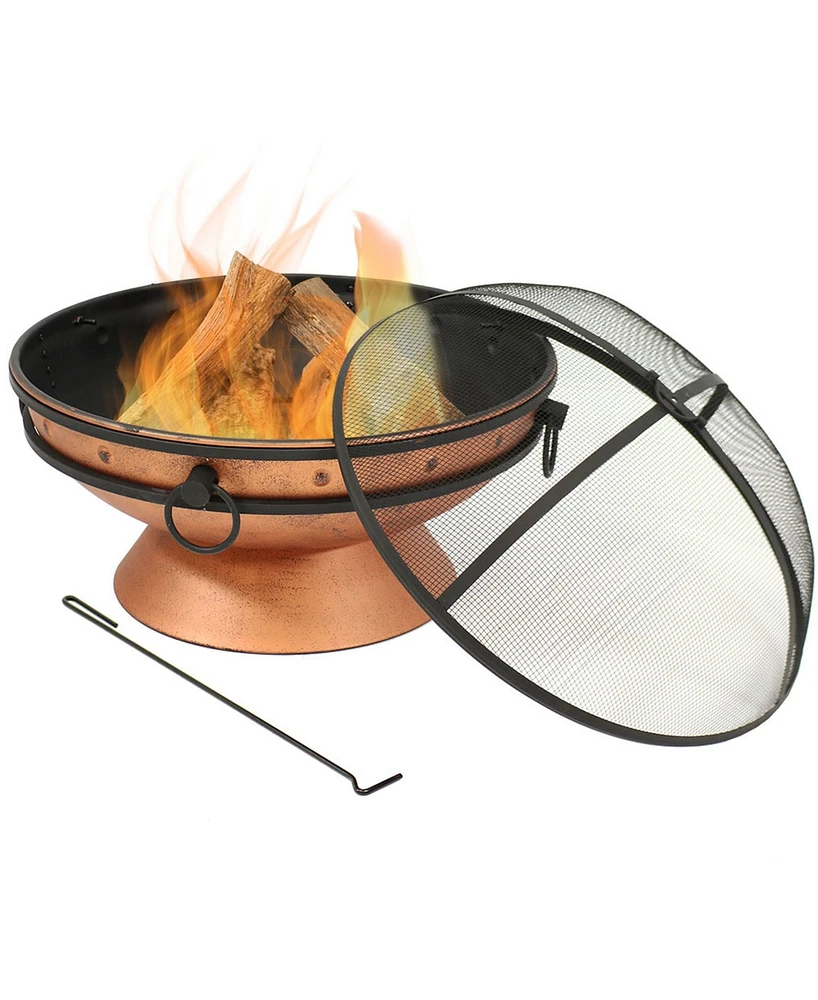 Sunnydaze Decor 31-Inch Outdoor Fire Pit - Wood Fire Pit for Outside with Handles, Log Poker, and Spark Screen - Copper Finish