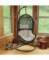 Sunnydaze Decor Cordelia Hanging Egg Chair with Steel Stand Set - Resin Wicker Porch Swing Includes Gray Cushion and Headrest