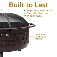 Crossweave Outdoor Fire Pit - Wood-Burning Fire Pit for Outside with Spark Screen, Poker and Round Cover - 36-Inch - Bronze