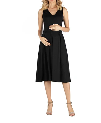 24seven Comfort Apparel Fit and Flare Sleeveless Maternity Midi Dress with Pockets