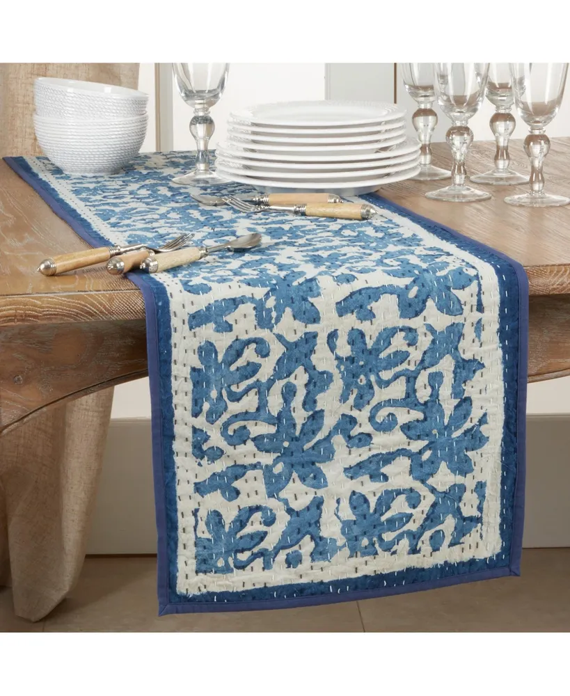 Saro Lifestyle Block Print Floral Kantha Stitch Runner