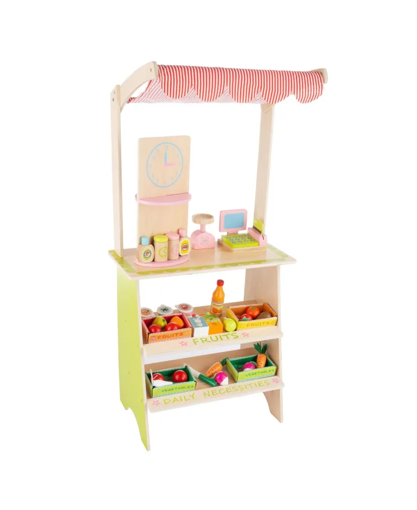 Hey Play Kids Fresh Market Selling Stand - Wooden Grocery Store Playset With Toy Cash Register, Scale, Pretend Credit Card And Food Accessories