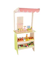 Hey Play Kids Fresh Market Selling Stand - Wooden Grocery Store Playset With Toy Cash Register, Scale, Pretend Credit Card And Food Accessories