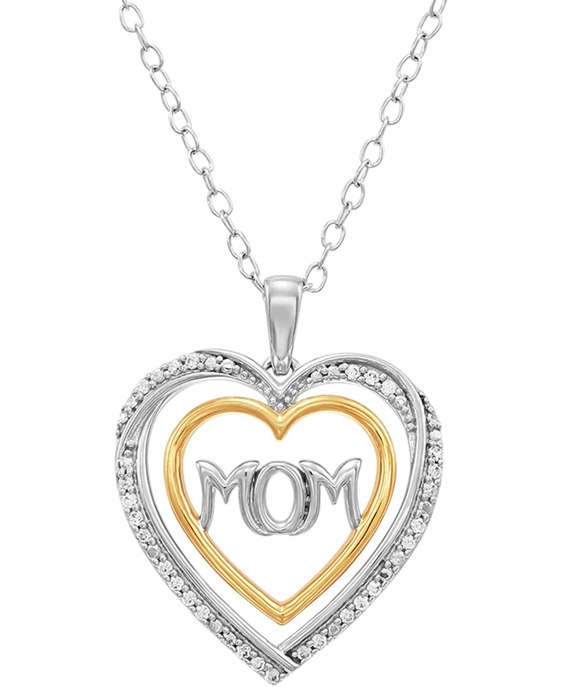 Diamond Heart Mom 18" Pendant Necklace (1/10 ct. t.w.) in Sterling Silver & 14k Gold Over Sterling Silver