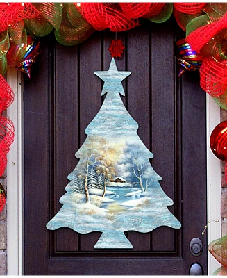 Designocracy Scenic Winter Tree Wooden Decorative Door Hanger