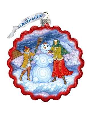 G.DeBrekht Palekh Building Snowman Wreath Glass Ornament