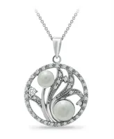 6mm Multi White Imitation Pearls and Cubic Zirconia Floral Medallion Pendant on 18" Chain, Crafted in Silver Plate